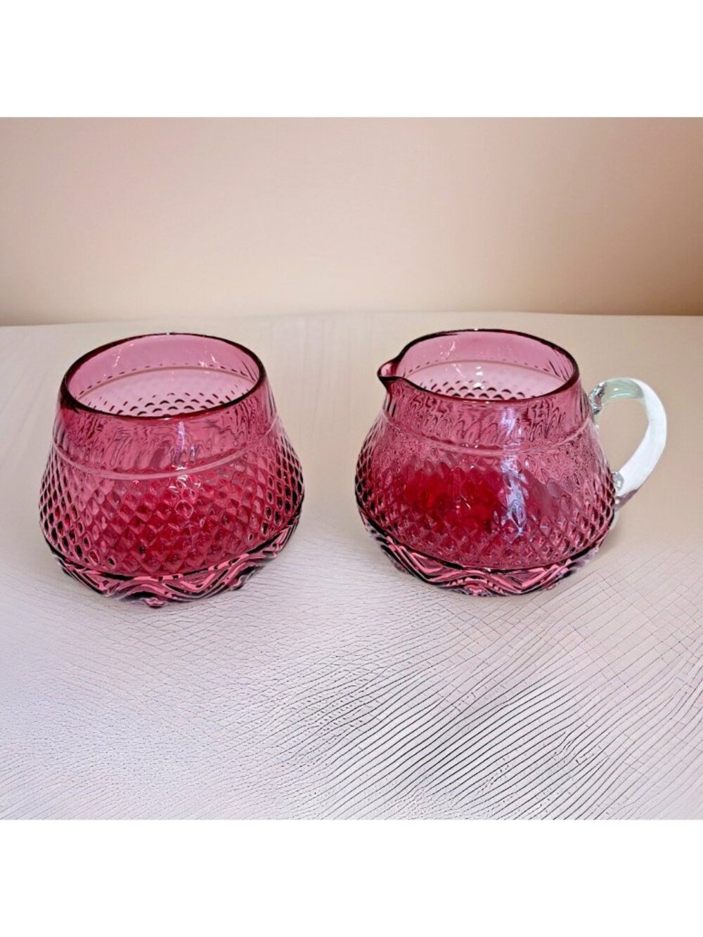 Vintage Pilgrim Diamond Embossed Cranberry Glass Creamer & Sugar Bowl Hand Blown